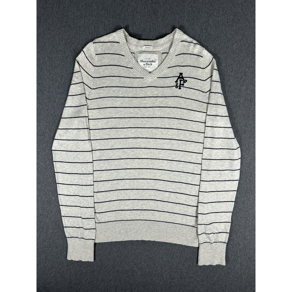 VTG Abercrombie & Fitch Muscle Sweater Mens Gray Striped V-Neck Knit M